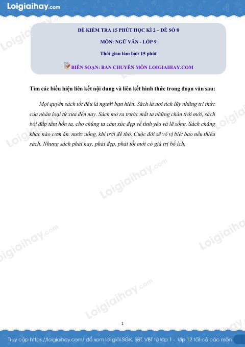 Đề kiểm tra 15 phút Văn 9 - Đề số 8